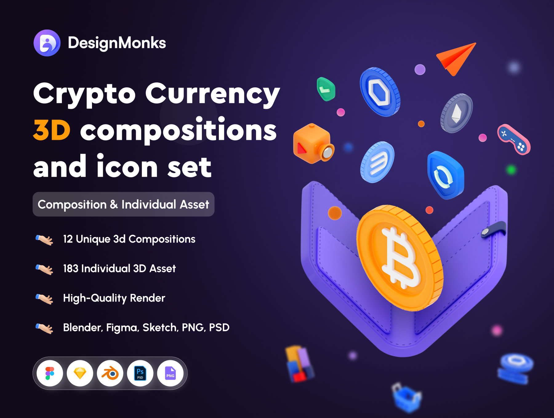 加密货币3D构图和图标集 Crypto Currency 3D compositions and icon set sketch, blender, xd, figma格式-3D/图标-到位啦UI